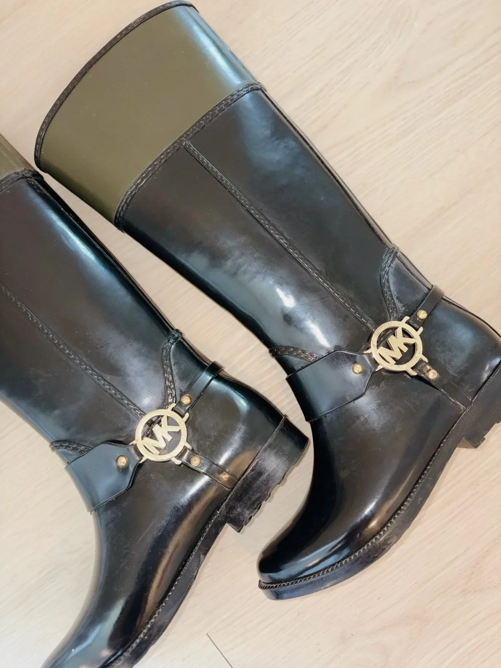 Michael Kors Fulton Harness Black Riding Boot with Olive Cuff and Gold Hardware
